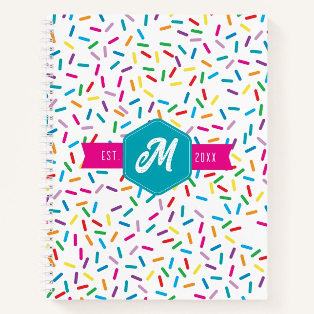 Colourful Rainbow Sprinkles Retro Monogram Notebook (Front)