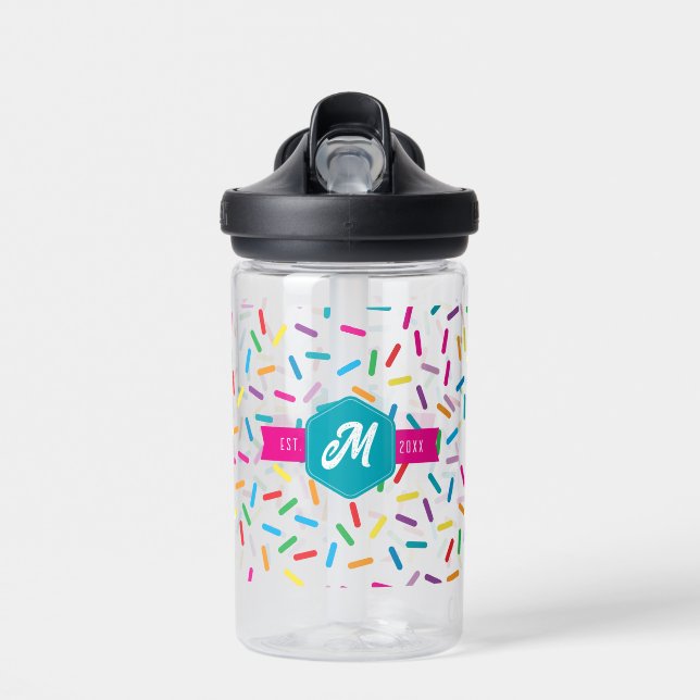 Colourful Rainbow Sprinkles Retro Monogram Water Bottle (Front)