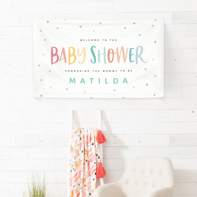 Colourful rainbow stripe and dot baby shower  banner (Insitu)