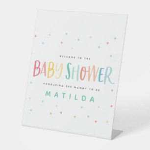 Colourful rainbow stripe and dot baby shower pedestal sign