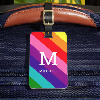 Colourful Rainbow Stripe Monogram and Name Luggage Tag
