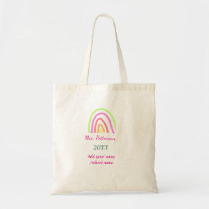 Colourful rainbow stripes add teacher name year tote bag