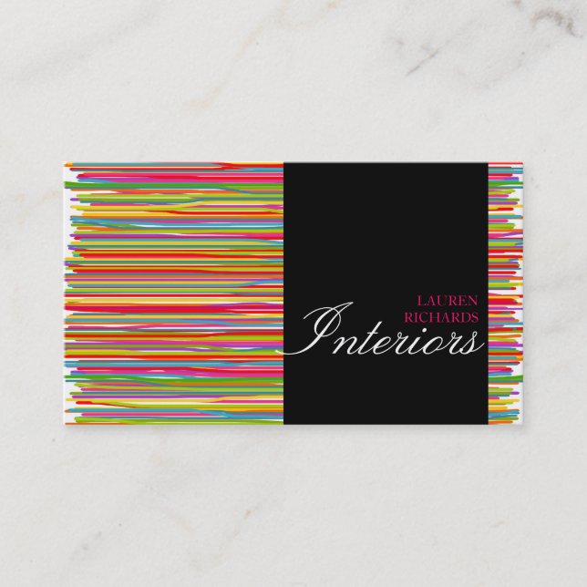 Colourful rainbow stripes + black interior design business card (Front)