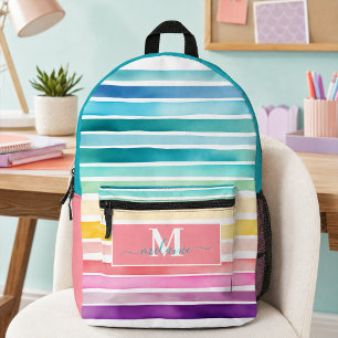 Colourful Rainbow Stripes Custom Monogram Name Printed Backpack