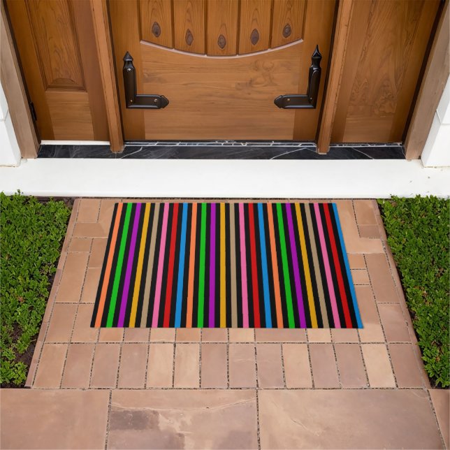 Colourful Rainbow Stripes Lines Design - Black  Doormat (Outdoor)