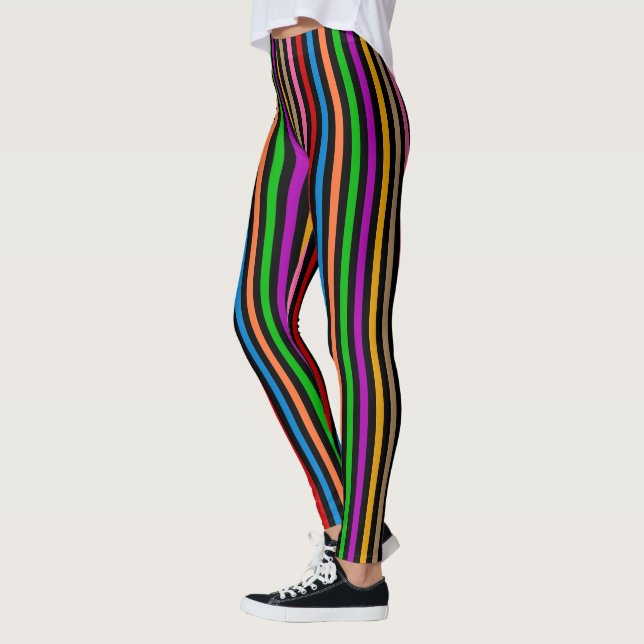 Colourful Rainbow Stripes Lines Design - Black  Leggings (Left)
