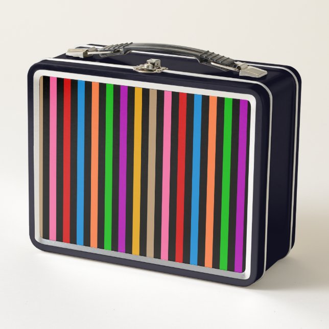 Colourful Rainbow Stripes Lines Design - Black  Metal Lunch Box (Front)