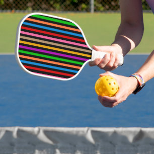 Colourful Rainbow Stripes Lines Design - Black  Pickleball Paddle