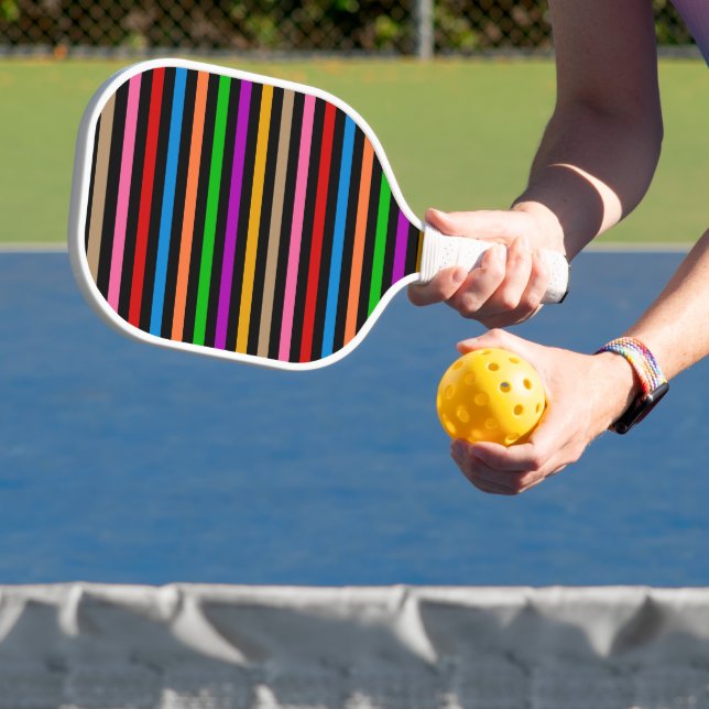 Colourful Rainbow Stripes Lines Design - Black  Pickleball Paddle (Insitu)