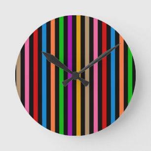 Colourful Rainbow Stripes Lines Design - Black  Round Clock