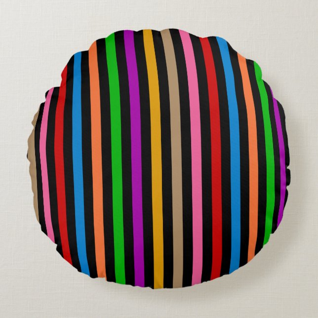 Colourful Rainbow Stripes Lines Design - Black  Round Cushion (Front)
