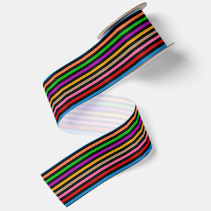 Colourful Rainbow Stripes Lines Design - Black Satin Ribbon