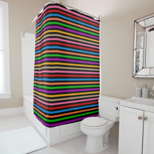 Colourful Rainbow Stripes Lines Design - Black  Shower Curtain (In Situ)