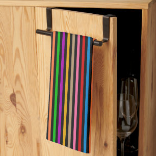 Colourful Rainbow Stripes Lines Design - Black Tea Towel