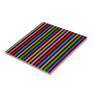 Colourful Rainbow Stripes Lines Design - Black  Tile