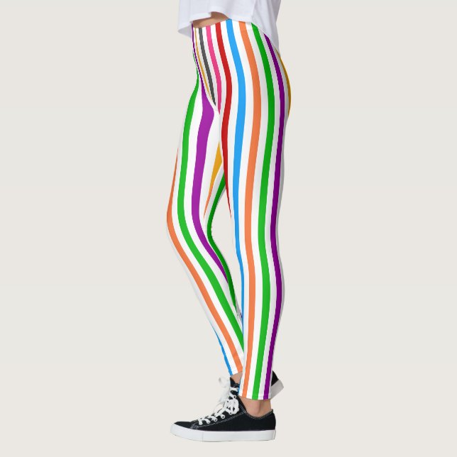 Colourful Rainbow Stripes Lines Design - White  Leggings (Left)