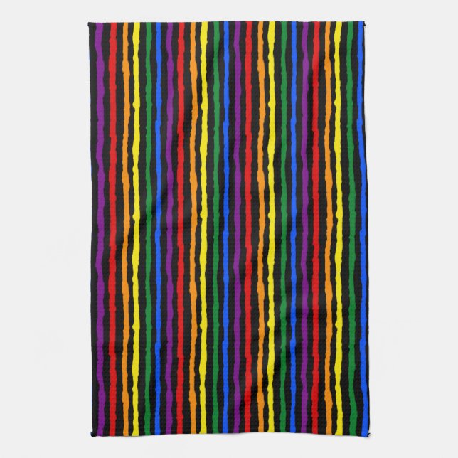 Colourful Rainbow Stripes on Custom Black Tea Towel (Vertical)