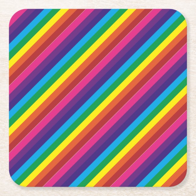 Colourful Rainbow Stripes Pattern Party Supplies Square Paper Coaster (Front)