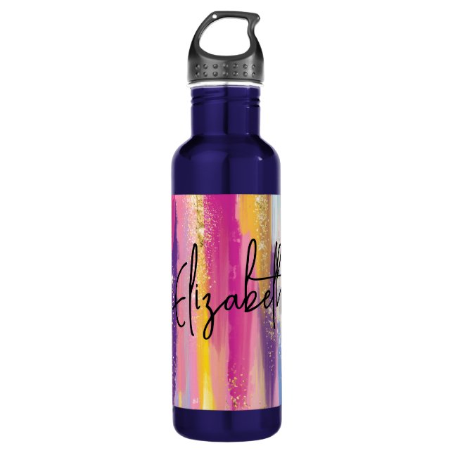 Colourful Rainbow Stripes with Faux Gold Glitter 710 Ml Water Bottle (Front)