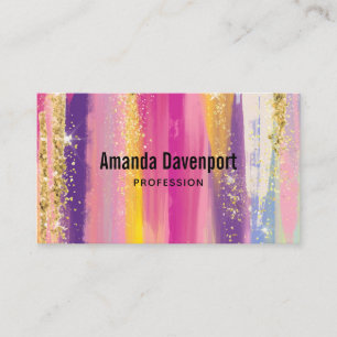 Colourful Rainbow Stripes with Faux Gold Glitter Business Card