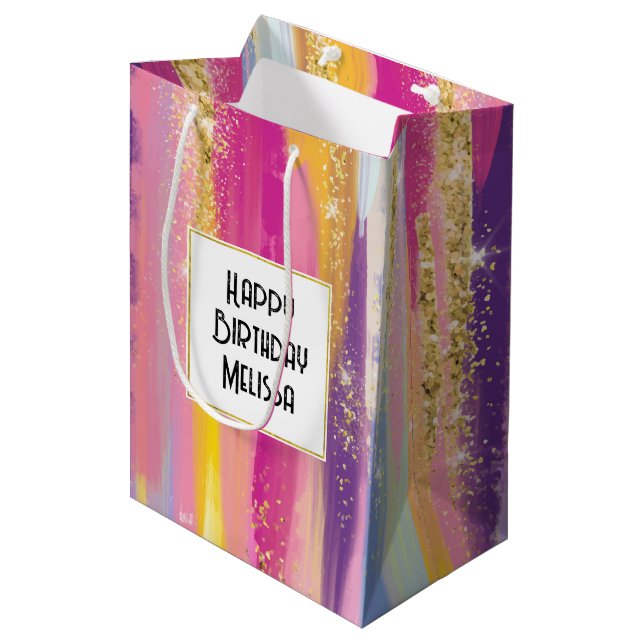 Colourful Rainbow Stripes with Faux Gold Glitter Medium Gift Bag (Front Angled)