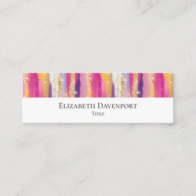Colourful Rainbow Stripes with Faux Gold Glitter Mini Business Card (Front)