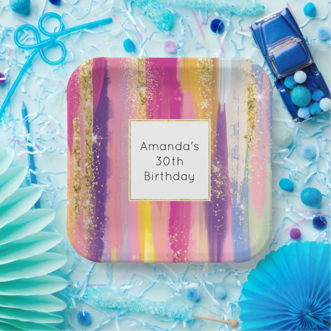 Colourful Rainbow Stripes with Faux Gold Glitter Paper Plate (Party)