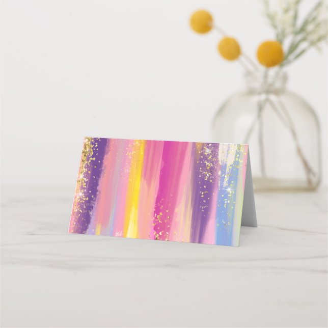 Colourful Rainbow Stripes with Faux Gold Glitter Place Card (Front)