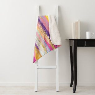 Colourful Rainbow Stripes with Faux Gold Glitter Sherpa Blanket