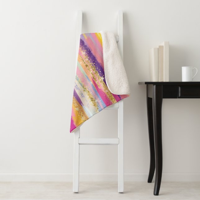 Colourful Rainbow Stripes with Faux Gold Glitter Sherpa Blanket (In Situ)