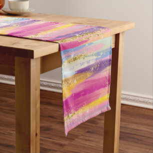 Colourful Rainbow Stripes with Faux Gold Glitter Short Table Runner