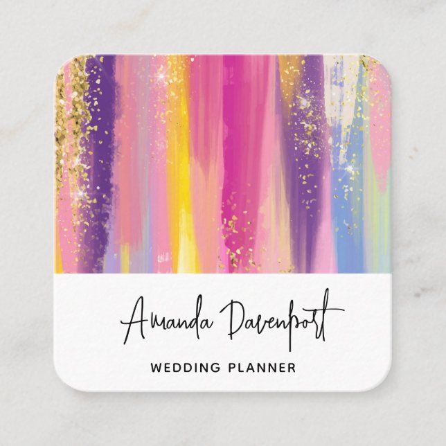 Colourful Rainbow Stripes with Faux Gold Glitter Square Business Card (Front)