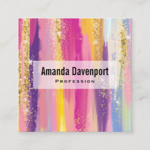 Colourful Rainbow Stripes with Faux Gold Glitter Square Business Card
