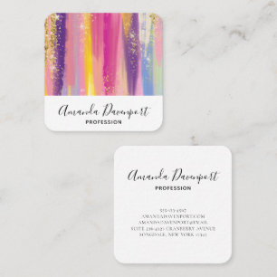 Colourful Rainbow Stripes with Faux Gold Glitter Square Business Card