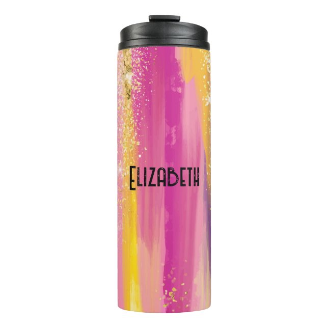 Colourful Rainbow Stripes with Faux Gold Glitter Thermal Tumbler (Front)