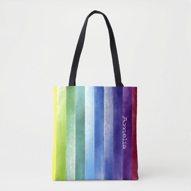 Colourful rainbow stripes with name  tote bag (Front)