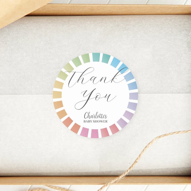 Colourful Rainbow Sunburst Baby Shower Thank You  Classic Round Sticker (Creator Uploaded)