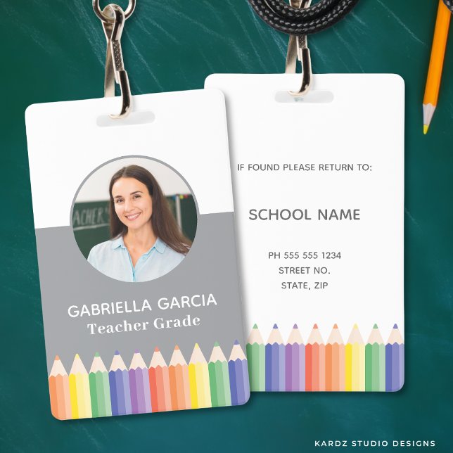 Colourful Rainbow Teacher Photo ID badge (Front and back are shown. Customize and choose attachment: lanyard, retractable, or metal clip)