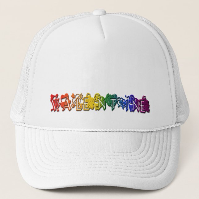 Colourful Rainbow Text Hearts Valentine Trucker Hat (Front)