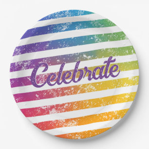 Colourful Rainbow Theme Stripes Celebrate Paper Plate