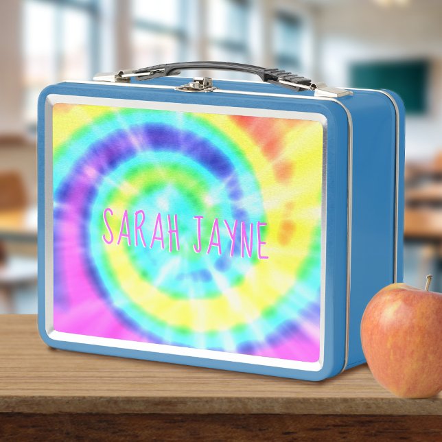 Colourful Rainbow Tie Dye Trippy Metal Lunch Box (Trippy tie dye lunch box just for you. Add your name!)