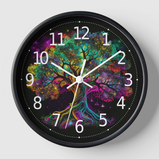 Colourful Rainbow Tree Fireflies Modern Artwork | Clock (Front)