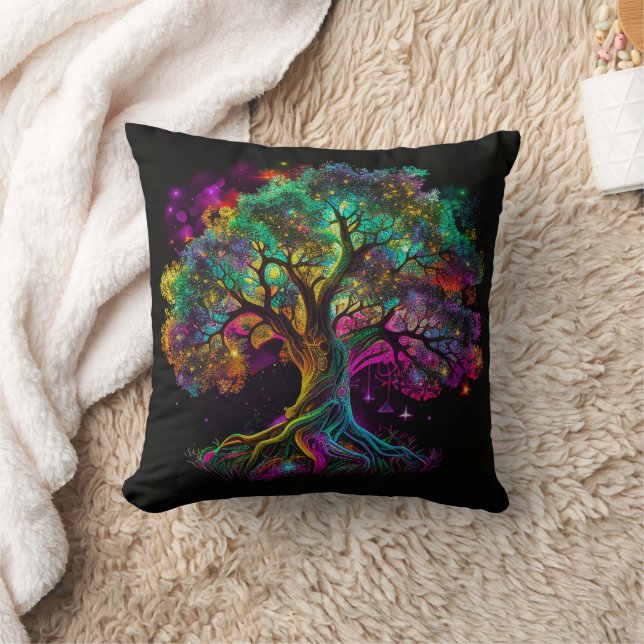 Colourful Rainbow Tree Fireflies Modern Artwork | Cushion (Blanket)