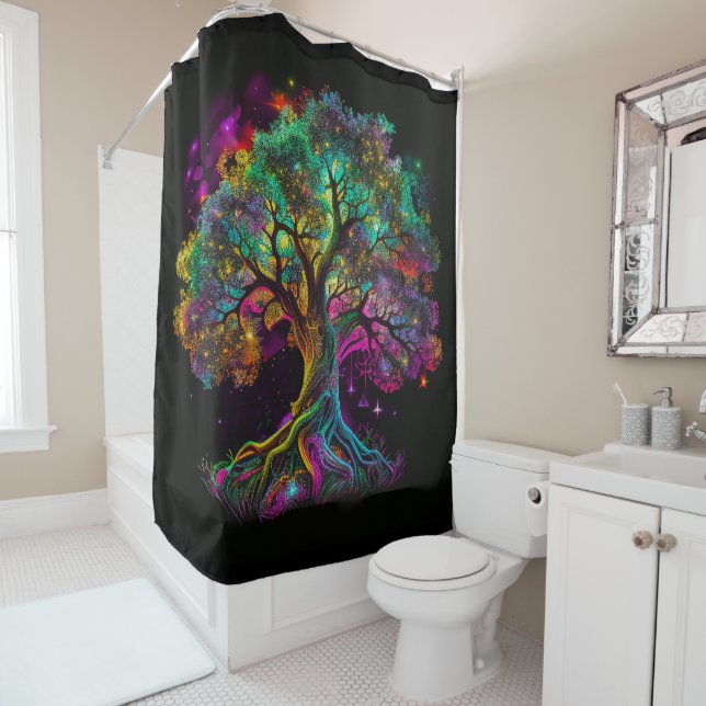Colourful Rainbow Tree Fireflies Modern Artwork | Shower Curtain (In Situ)