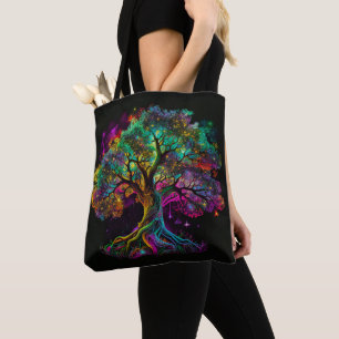 Colourful Rainbow Tree Fireflies Modern Artwork Tote Bag