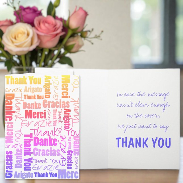 Colourful Rainbow Typography Multilingual Thank Yo You Card (Multicolor and multilingual thank you typography with blue inside template text message,)