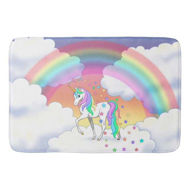 Colourful Rainbow Unicorn and Stars Bath Mat (Front)