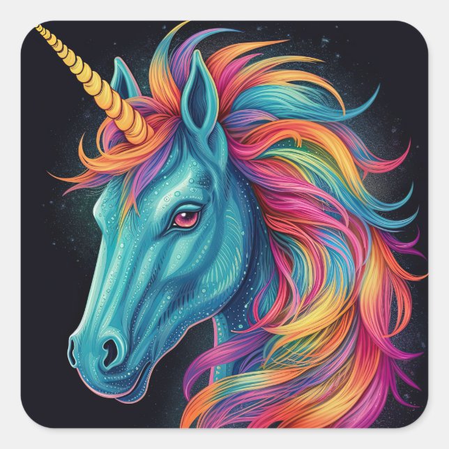 Colourful Rainbow Unicorn Fantasy Art Square Sticker (Front)