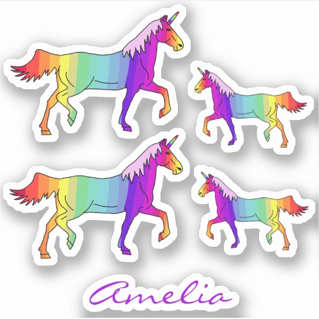 Colourful Rainbow Unicorn Name Kids Sticker (Front)