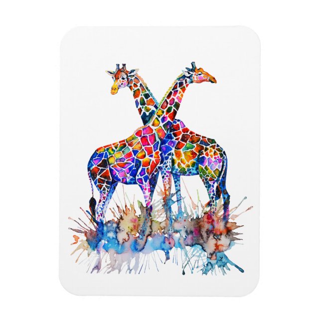 Colourful Rainbow Watercolor Splatter Giraffes Magnet (Vertical)